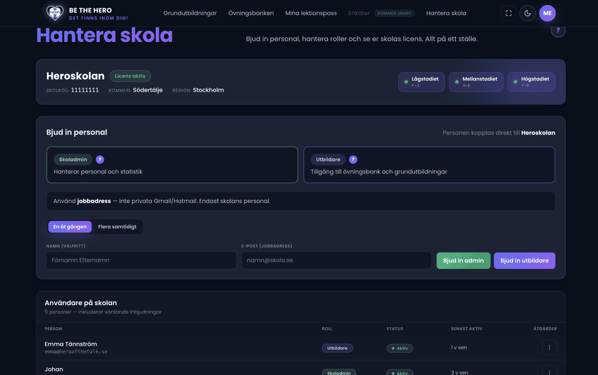 Portal — Hantera skola med användare och licens