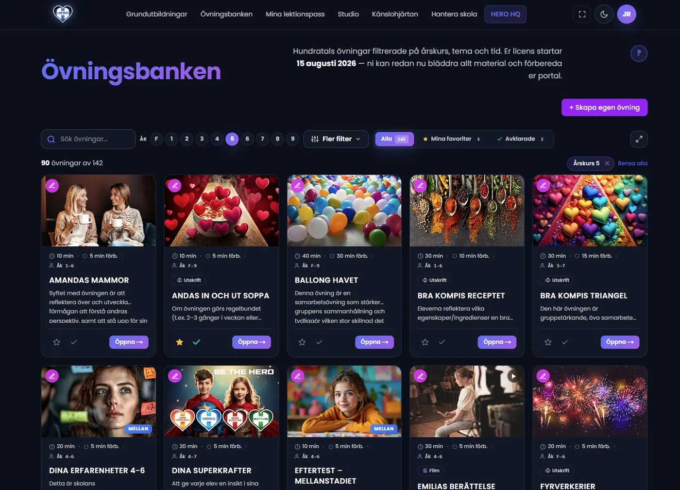 Övningsbanken i BE THE HERO-portalen — hundratals övningar filtrerade på årskurs, tema och tid